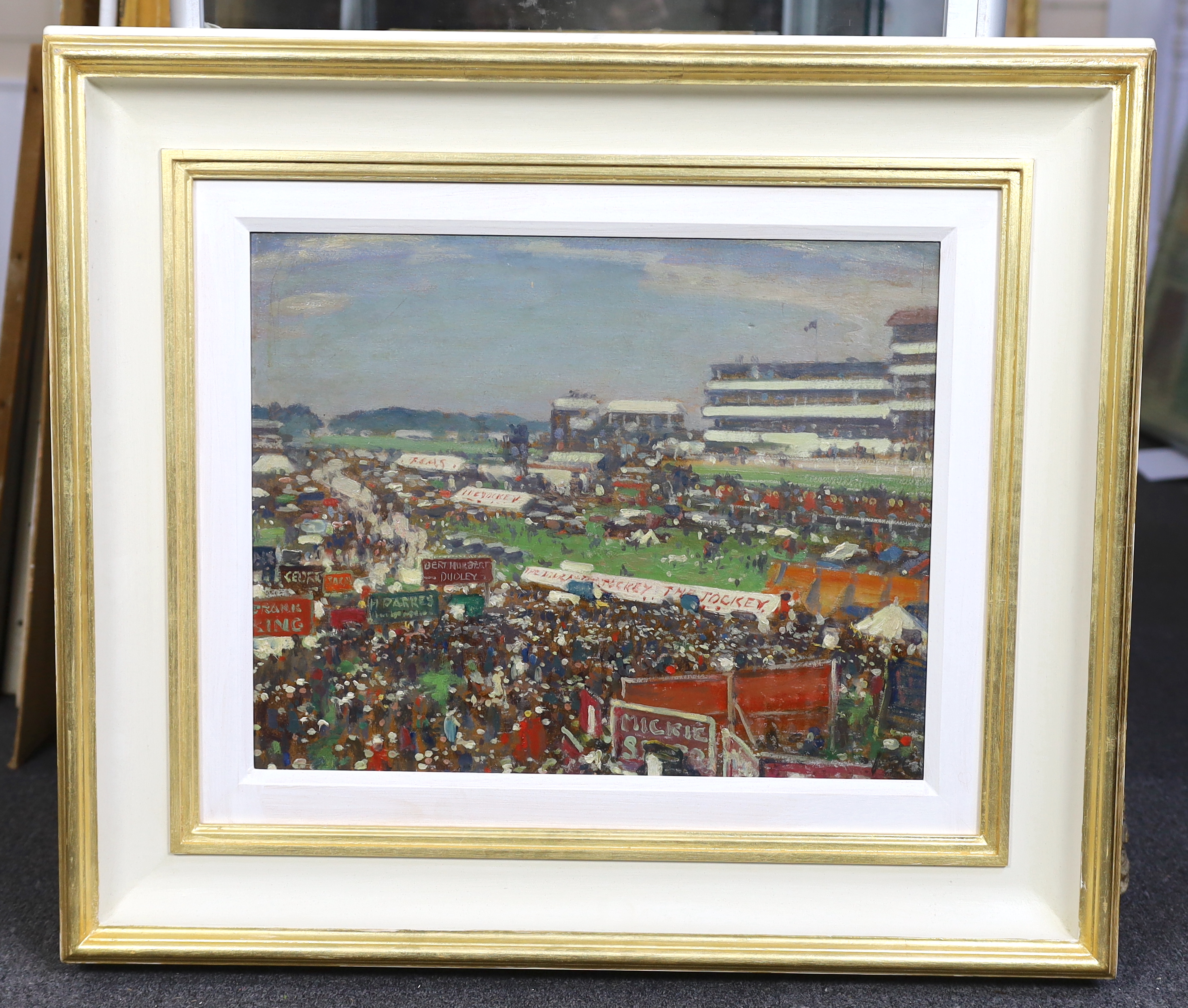 Alfred Egerton Cooper RBA (British, 1883-1974), Epsom Derby Day, oil on board, 40 x 50cm